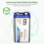 EBL 9 Volt 600mAh Rechargeable Batteries Li-ion Batteries with Smart LCD 9V Battery Charger for 9V Lithium-ion/Ni-MH/Ni-CD Rechargeable Batteries